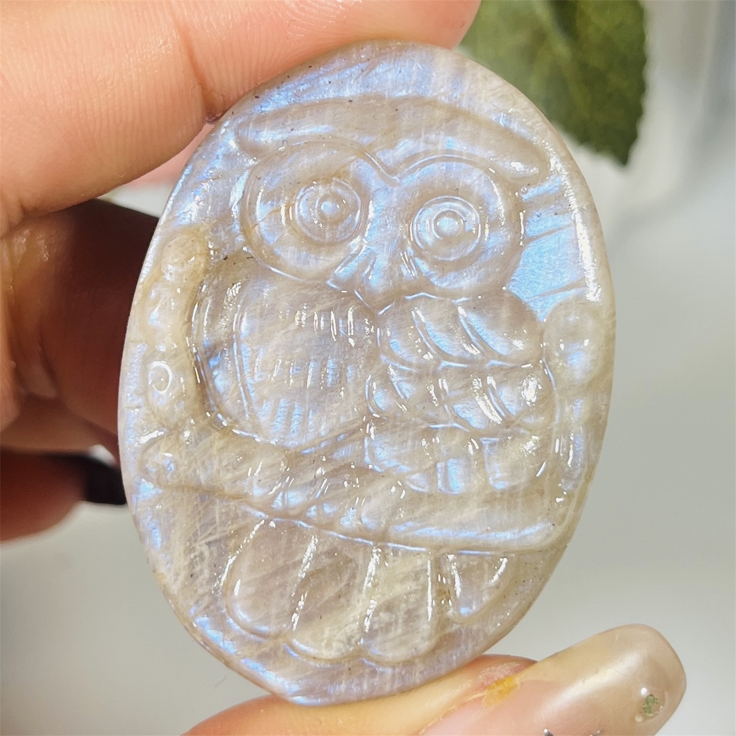 Art Craft Meaning - Natural Flashy Blue Moonstone Owl Carving,