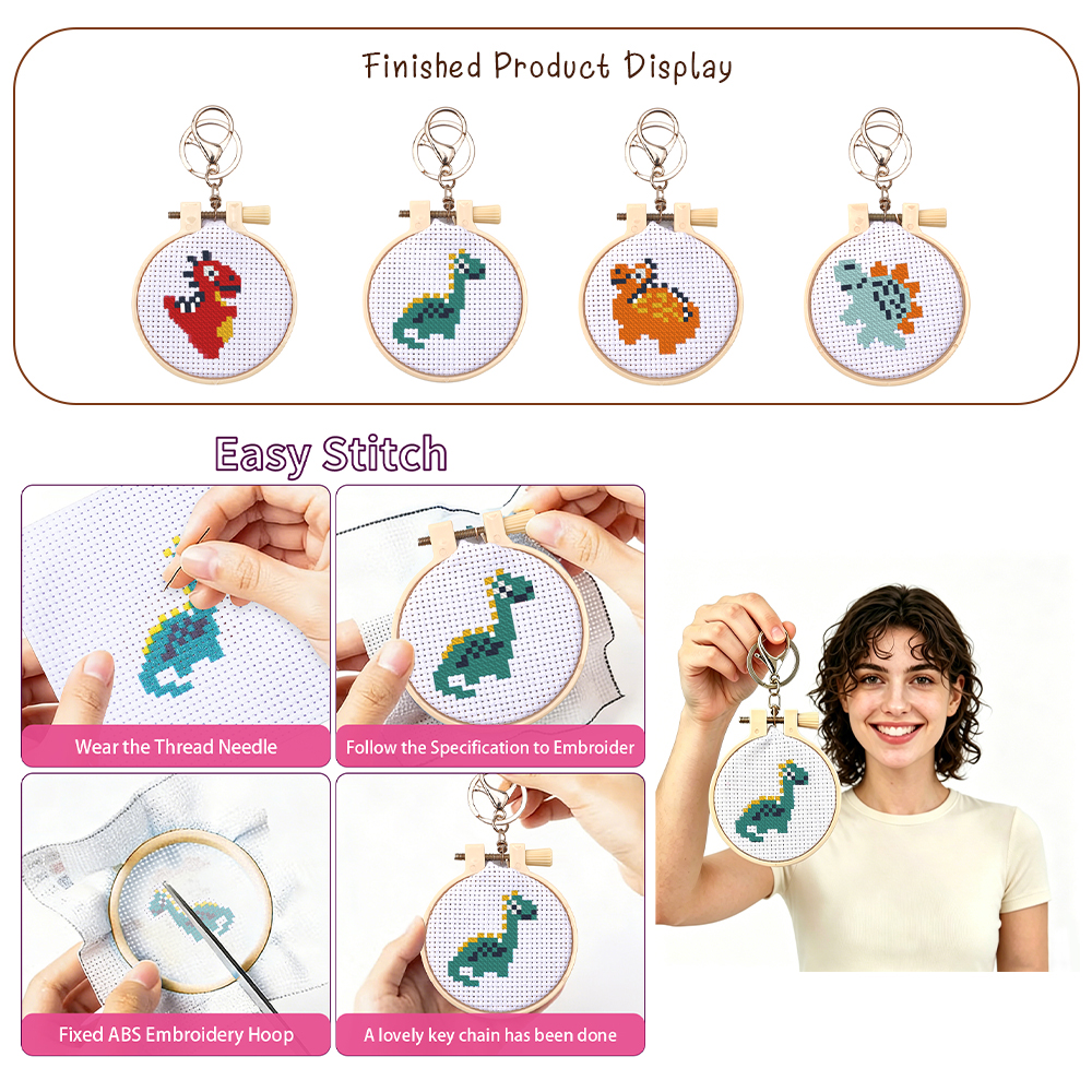 Art Craft Dinosaurs - Easy Stitch Dinosaur Keychain Cross Stitch
